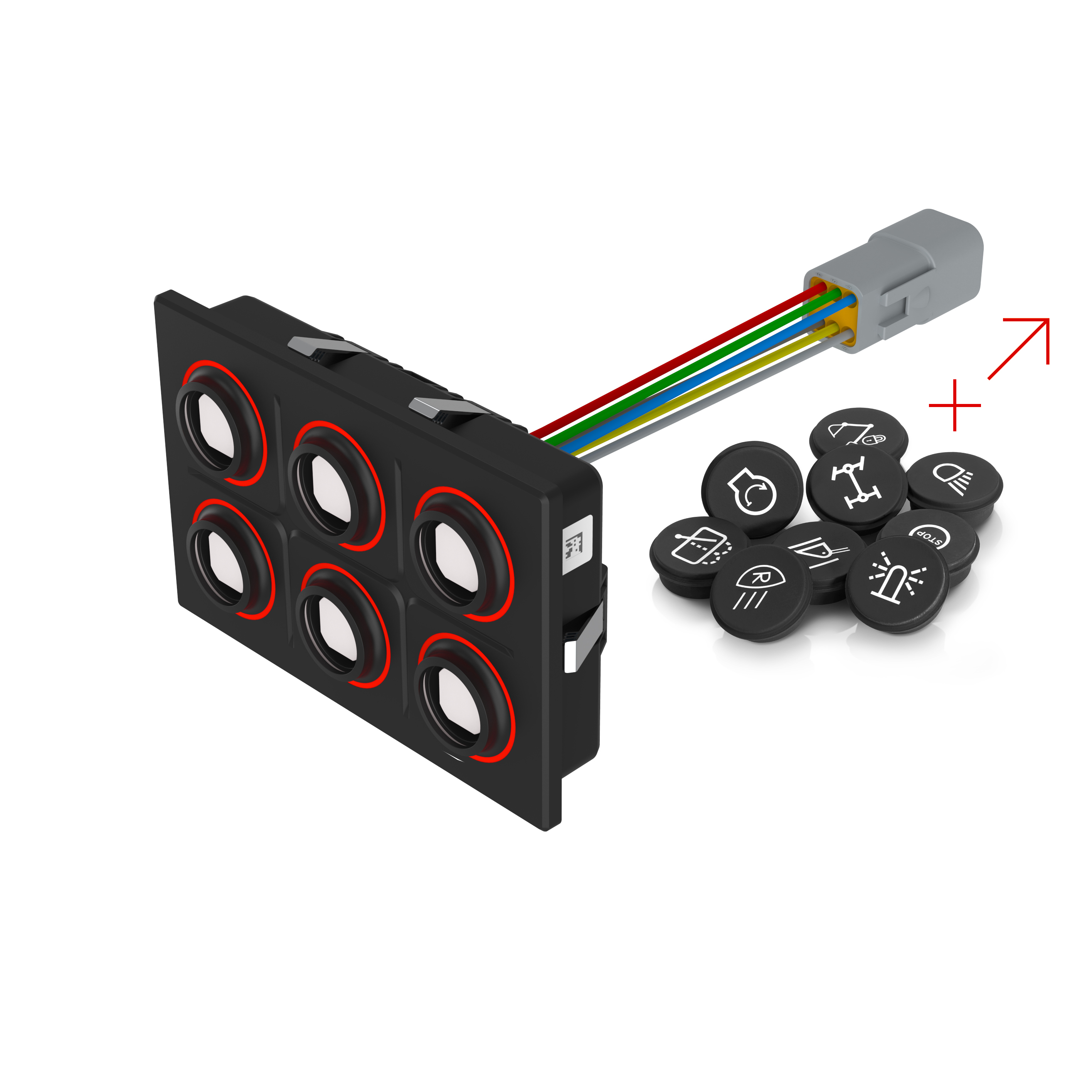 09-0012.1112 用于符号配置的坚固键盘, 107.1 mm x 68.8 mm, 矩形, Deutsch DT04-6P, 无符号, PLUS (CAN, Red LED)