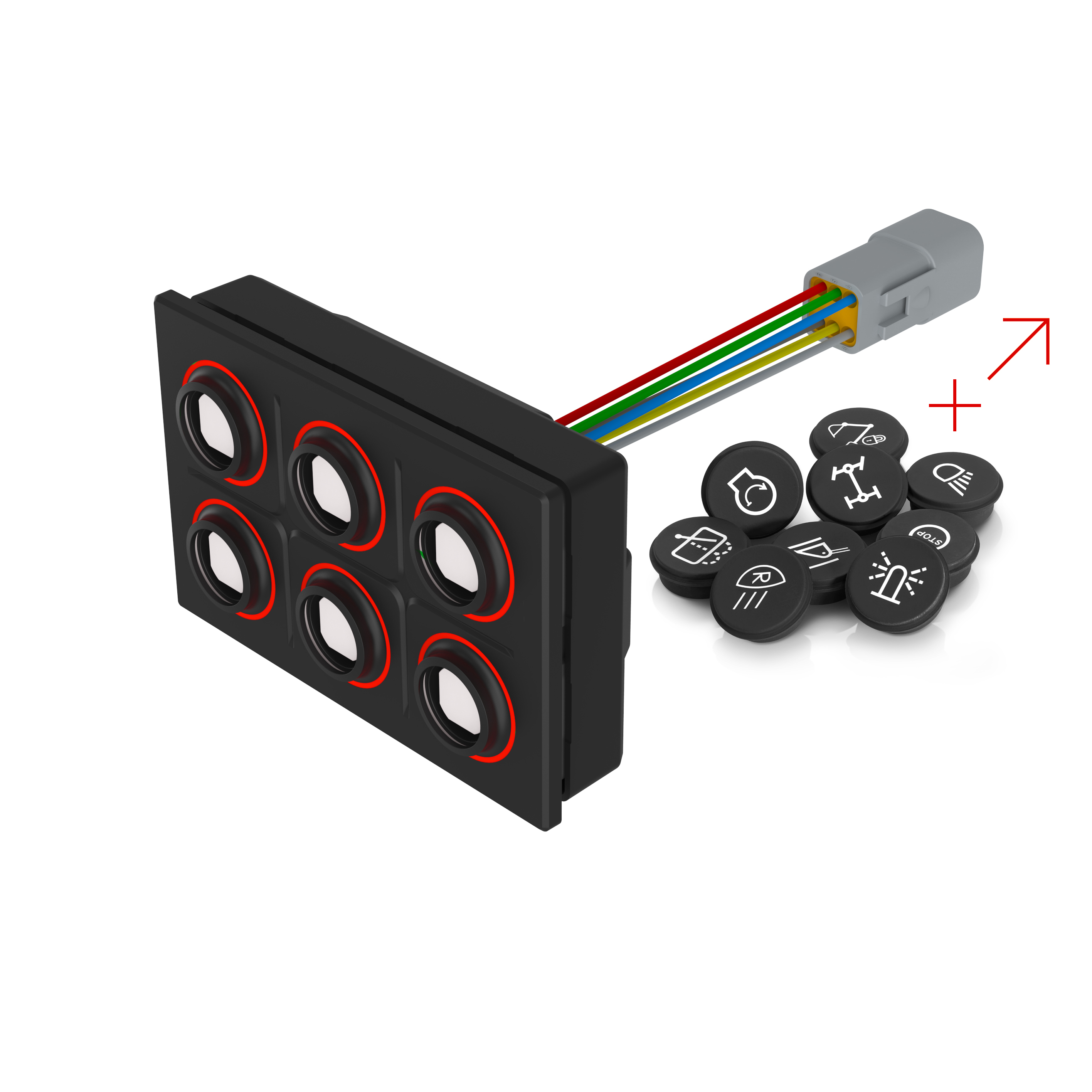09-0015.1112 用于符号配置的坚固键盘, 107.1 mm x 68.8 mm, 矩形, Deutsch DT04-6P, 无符号, PLUS (CAN, Red LED)