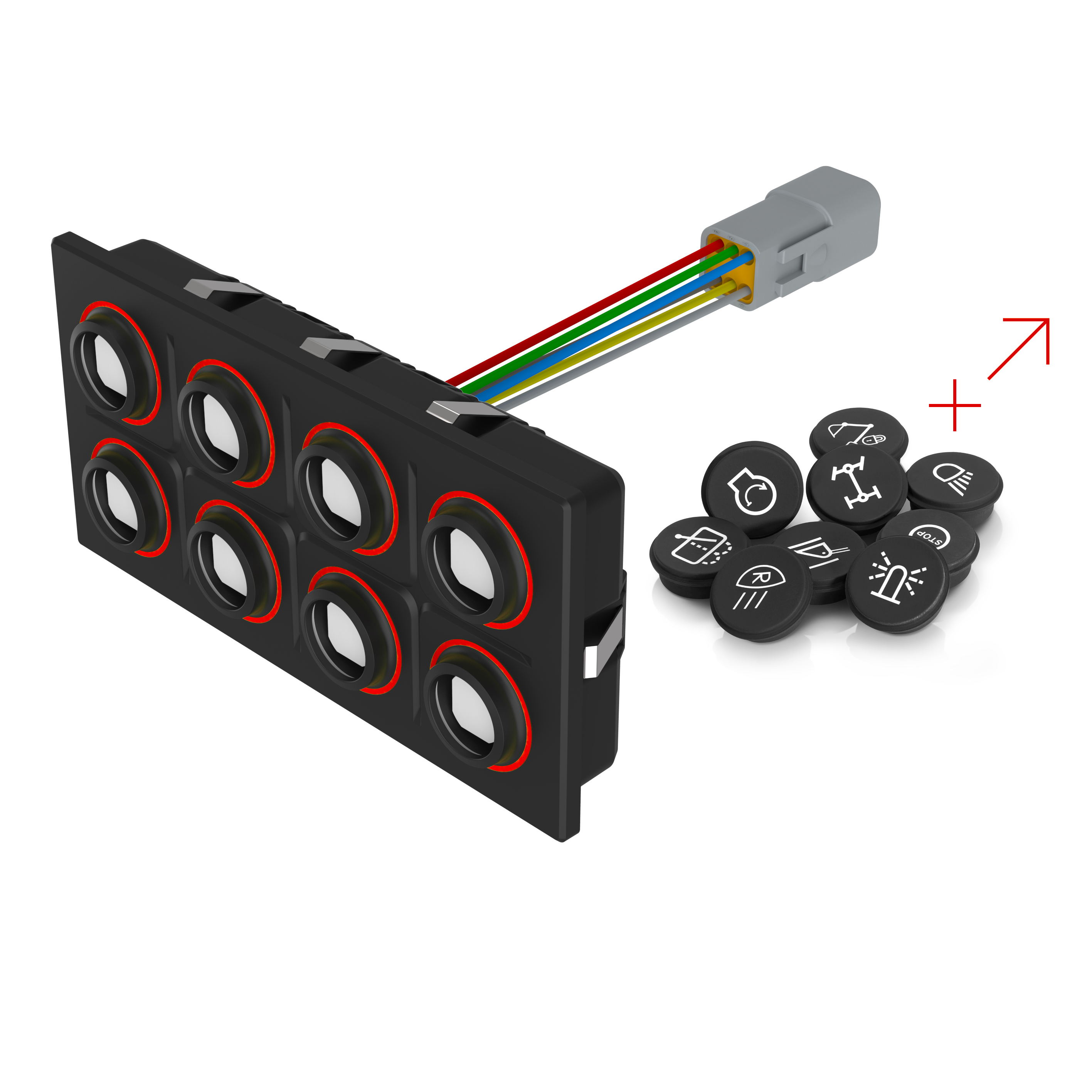 09-0022.1322 Rugged keypads for symbol configuration, 142.64 mm x 68.8 mm, Rectangular, Deutsch DT04-6P, No Symbol, PLUS (CAN, Red LED)