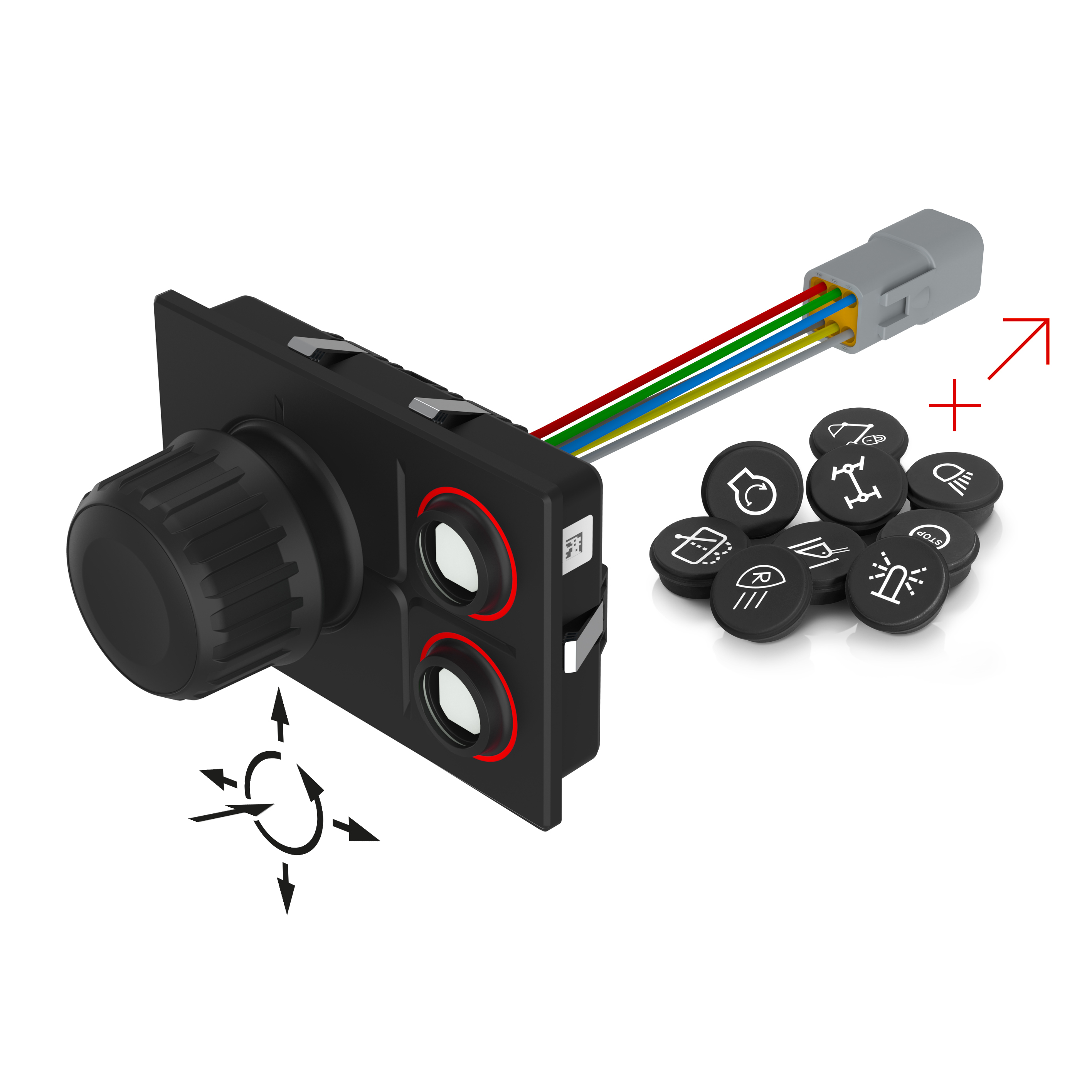 09-1012.1212 Rotary Cursor Controller, 2PB, 107.1 mm x 68.8 mm, Rectangular, Deutsch DT04-6P, No Symbol, PLUS (CAN, Red LED)